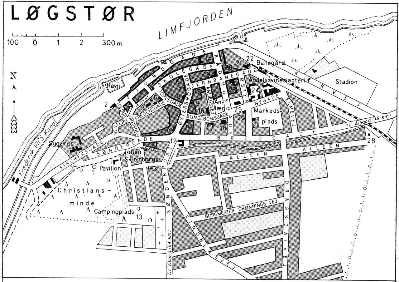 (Kort). 1 Mindesten (Johan Skjoldborg)2 Toldkammer3 Frimenighedskirke4 Folkebibliotek5 Administrationsbygning6 Løgstør by’s og omegns sparekasse7 Apotek8 Banken for Løgstør og omegn9 Turistbureau10 Landbosparekasse11 Andelsbank12 Hotel Unionen13 Friluftsteater14 Hotel du Nord15 Himmerland Hotel16 Alderdomshjem17 Dommerkontor18 Ting- og arresthus. Politikontor19 Discontobanken20 Falcks Redningskorps21 Posthus og telegrafstation22 Rutebilstation23 Mikkelsens Hotel24 Kommuneskole25 Kirke26 Teknisk Skole27 Missionshus28 VandrerhjemG.E.C. Gads ForlagRevideret 1960 Geodætisk Institut Eneret