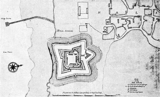 (tegning). Plan af Hals skanse og en del af Hals by 1724. (Rigsarkivet).