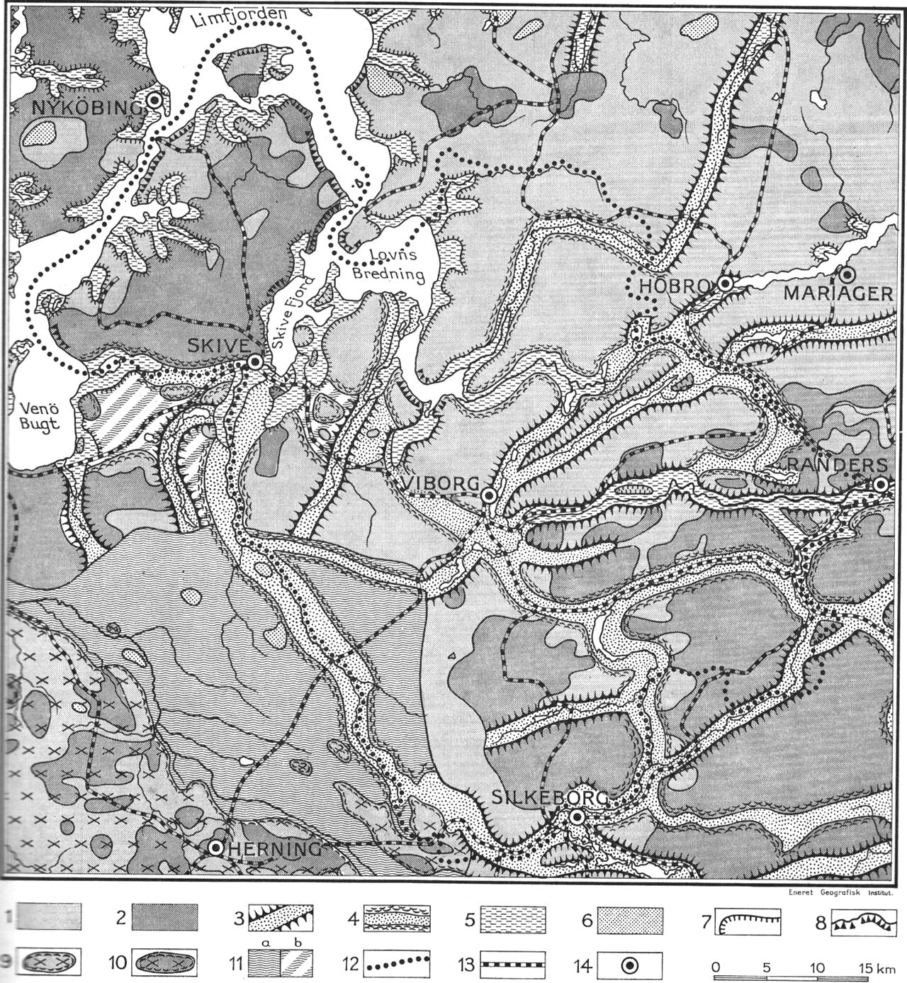 (Kort). 1. Ungt morænelandskab, overvejende sandbund.2. Ungt morænelandskab, overvejende lerbund.3. Tunneldal.4. Smeltevandsdal.5. Marint forland.6. Indsande, flyvesandsterræn.7. Stenalderhavets højeste kystlinie.8. Større kystklinter.9. Bakkeø-landskab, overvejende sandbund.10. Bakkeø-landskab, overvejende lerbund.11. Hedeslette, a med fladekarakter, b med dødisrelief.12. Amtsgrænse.13. Jernbanelinie.14. Købstad.Efter Geodætisk Instituts skolevægkort 1:250.000 og Atlas over Danmark 1:750.000.Redaktion: Axel Schou.