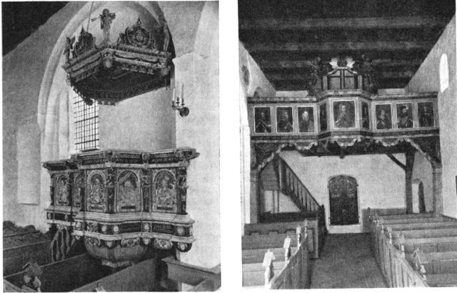 (Foto). Prædikestol og pulpitur i Asmild kirke.