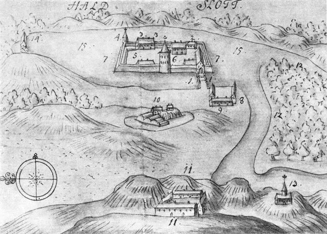 (tegning). Resens plan af Hald o. 1670.1. Porthuset. 2. Rudera af det gl. bryggers. 3. Den gl. fruerstue. 4. Lysthuset. 5. Den ny fruerstue. 6. Fangetårnet. 7. Voldene. 8. Smedien. 9. Stalden. 10. Brattingsborg. 11. Ladegården. 12. Hald skov. 13. Gamle Hald slot. 14. Slotsmøllen. 15. Søen.