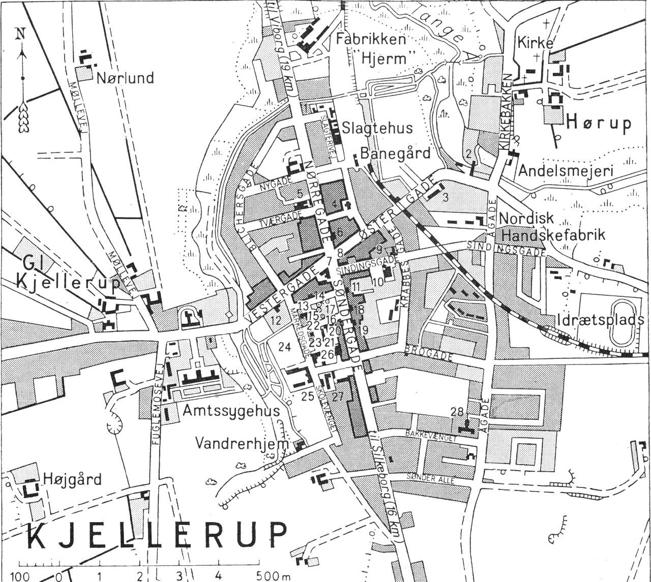 (Kort). 1 Brandstation2 Hørupmølle3 Dommergården4 Missionshus5 Kjellerup Vægt- og Maskinfabrik6 Hvilehjem7 Schous Hotel8 Kjellerup Bank9 Alderdomshjem10 Badeanstalt11 Kjellerup Handels- og Landbrugsbank12 Apotek13 Tinghus14 Mindestøtte (forsvarsminister C. Krabbe)15 Monument (St. St. Blicher)16 Mindestøtte (folketingsm. N. S. Albertsen)17 Mindestøtte (H. J. Hansen)18 Posthus og telegrafstation19 Kjellerup og omegns Spare- og Lånekasse20 Rutebilstation21 Administrationsbygning22 Teknisk Skole. Handelsskole23 Politistation24 Markedsplads25 Kommuneskole. Bibliotek26 Tømmerhandel27 Den Landbrugsfaglige Ungdomsskole28 SpædbørnehjemG. E. C. Gads ForlagRevideret 1960. Geodætick Institut Eneret