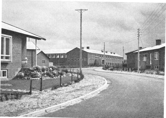 (Foto). Parti fra den nyopvoksede del af Kølvrå by ved flyvestation Karup, Grove kommune, Ringkøbing a. Centralskolen i midten i baggrunden.