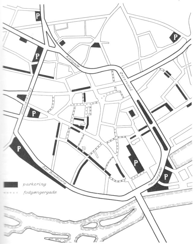 (tegning). Cirkulationsgadesystemet omkr. bykernen, som er delvist gennemført. – I 1963 mangler endnu Gasværksvejs gennembrud til Adelgade.