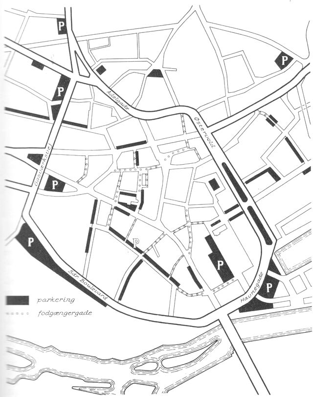 (tegning). Cirkulationsgadesystemet omkr. bykernen, som er delvist gennemført. – I 1963 mangler endnu Gasværksvejs gennembrud til Adelgade.