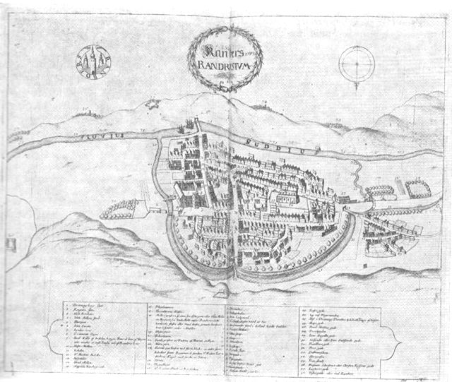 (tegning). Randers ca. 1670. Efter Resens Atlas.