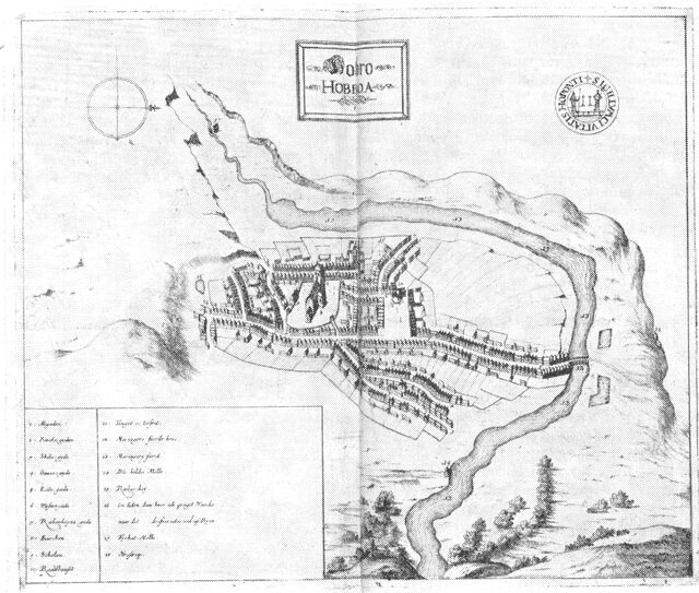 (tegning). Prospekt af Hobro ca. 1670. Efter Reesens Atlas.