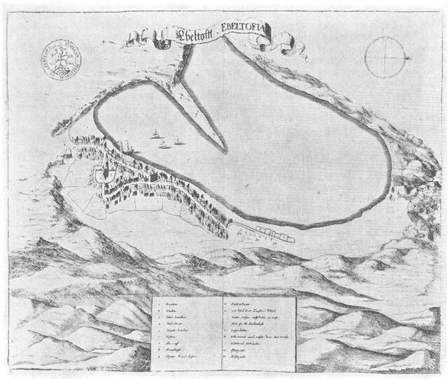 (tegning). Ebeltoft ca. 1670. Efter Resens Atlas.