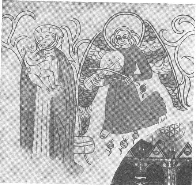 (tegning). Kalkmaleri fra ca. 1500 i Sem kirkeJomfru Maria og musicerende engel.