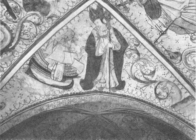 (Foto). Fra Udbyneder kirke. Kalkmaleri af helgenen Nicolaus.