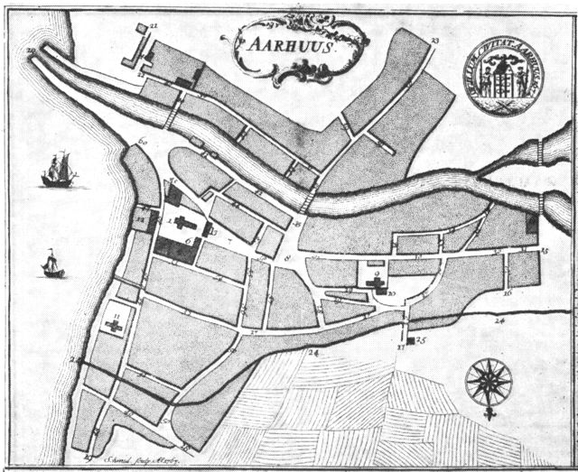 (tegning). Plan af Århus købstad ca. 1768. Efter Danske Atlas.