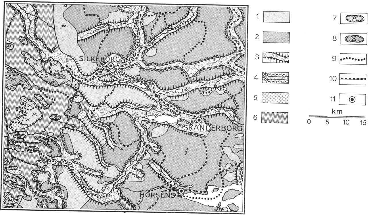 (Kort). 1. Ungt morænelandskab, overvejende sandbund. 2. Ungt morænelandskab, overvejende lerbund. 3. Tunneldal. 4. Smeltevandsdal. 5. Indsande, flyvesandsterræn. 6. Hedeslette. 7. Bakkeø-landskab, overvejende sandbund. 8. Bakkeølandskab, overvejende lerbund. 9. Amtsgrænse. 10. Jernbanelinie. 11. Købstad.Efter Geodætisk Instituts skolevægkort 1:250.000 og Atlas over Danmark 1:750.000.Redaktion: Axel Schou.