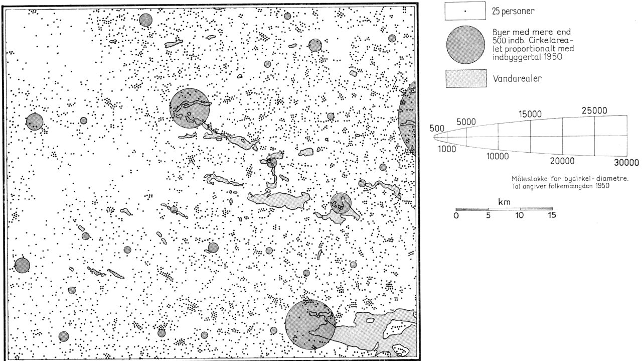 (Kort). Kortet viser befolkningens fordeling ved folketællingen 7. nov. 1950. Priksignaturen er så vidt mul. anbragt på de personers bosted, som prikkerne repræsenterer. Cirklerne repræsenterer folketallet i de geografiske byområder, der ikke altid falder sa. m. byernes administrative el. statistiske grænser.Efter Geografisk Instituts befolkningsfordelingskort over Danmark 1: 100.000.Redaktion: Aage Aagesen.