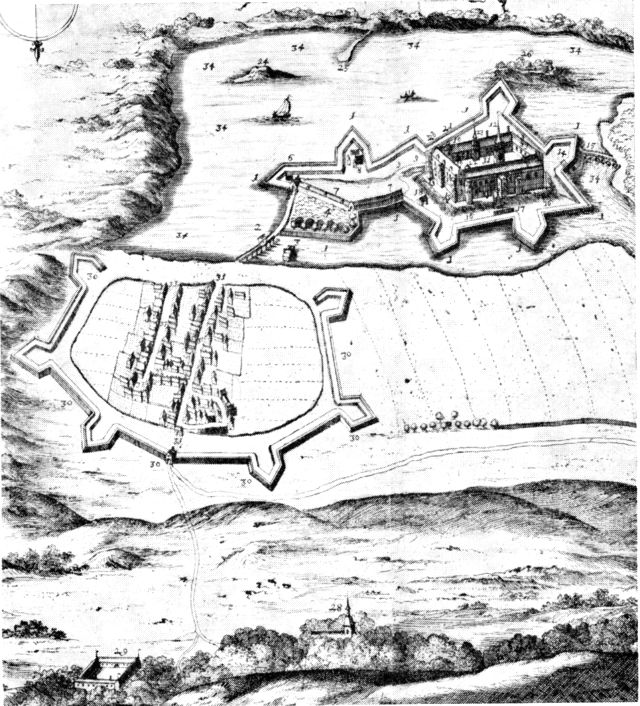 (tegning). Skanderborg by og slot ca. 1670 set fra nord (helt forneden ses Skanderup kirke). Udsnit af stik i Resens Atlas.