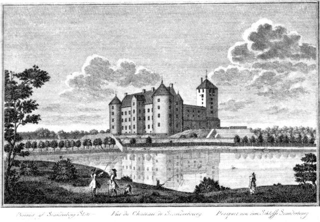 (tegning). Skanderborg slot, set fra nord o. 1740. Stik i Thurah’s Danske Vitruvius.