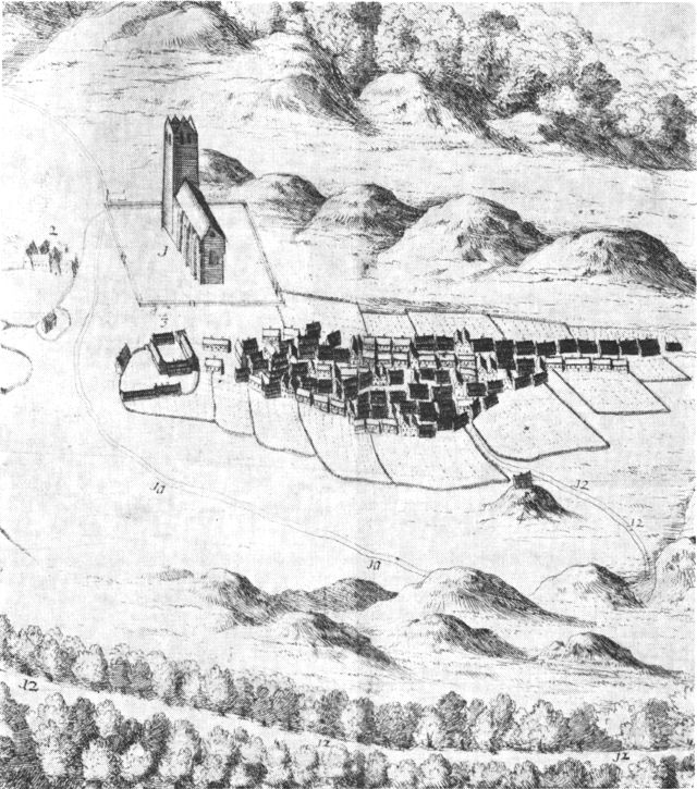 (tegning). Rye set fra vest o. 1670. Udsnit af plan i Resens Atlas. 1. Kirken. 2. Præstegården. 3. Fogedgården. 4. Smedien. 10. Vejen til Silkeborg.