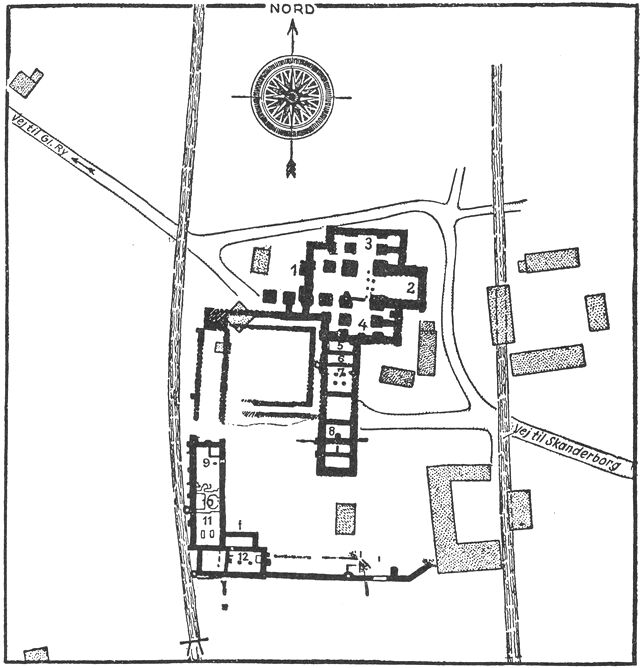 (tegning). C. M. Smidts plan over Øm kloster. 1. Kirkens vestgavl. 2. Korgavlen. 3. Nordre korsfløj. 4. Søndre korsfløj. 5. Sakristi. 6. Bibliotek. 7. Kapitelsal. 8. Østfløjens søndre afslutning. 9. Bryggers. 10. Bagers. 11. Køkken. 12. Spisesal.