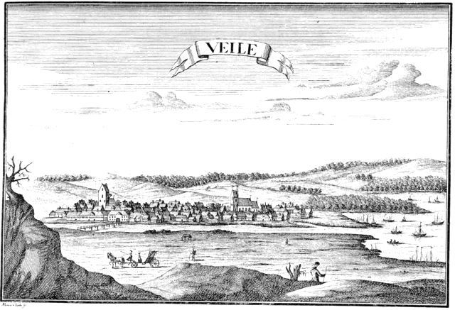 (tegning). Prospekt af Vejle ca. 1770. Kobberstik i Pontoppidans Danske Atlas.