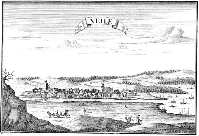 (tegning). Prospekt af Vejle ca. 1770. Kobberstik i Pontoppidans Danske Atlas.