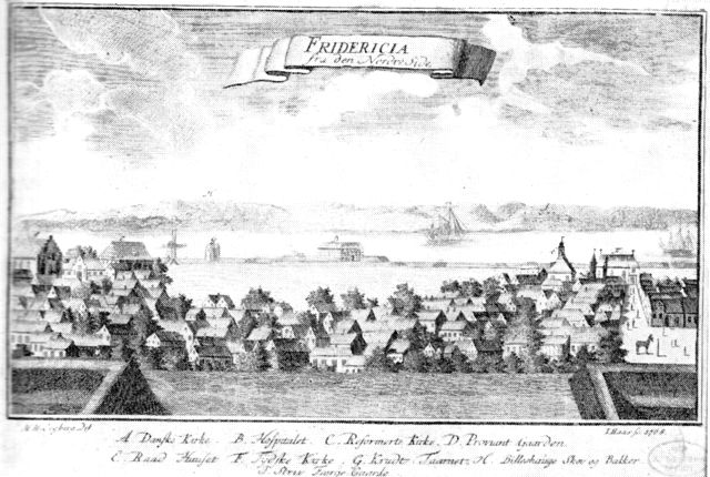 (tegning). Prospekt af Fredericia 1768. Kobberstik i Pontoppidans Danske Atlas.