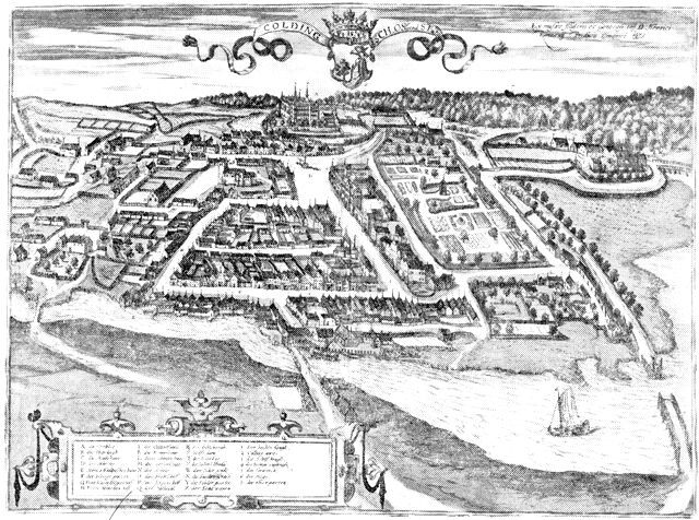 (tegning). Prospekt af Kolding ca. 1580. Kobberstik i Braunius og Hogenberg.