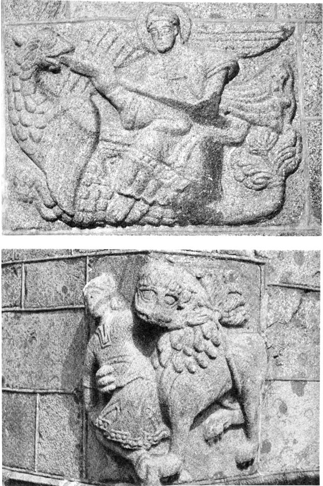 (Foto). Granit-billedsten i Øster Starup kirke. Foroven Skt. Mikael i kamp med dragen, forneden en løve i færd med at dræbe et menneske.