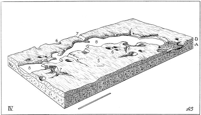 (tegning). IV. Flyndersø-egnen i nutiden. Blokdiagrammet viser Hjelm Hede med Flyndersø. 5. Hedeslette. 6. Jordfaldshuller, fremkommet ved sandlagenes nedsynken efter dødisklumpernes bortsmelten. 7. Kløfter, nedskåret i hedesletten ved normal vanløbserosion. 8. Søbassin, dannet ved hedesandets sammenskriden, efter at dødsismasserne i den oprindelige tunneldallavning er smeltet bort. Søens ejendommelige form afspejler således dels den oprindelige tunneldals forløb, dels de tidligere dødsisklumpers dimensioner.