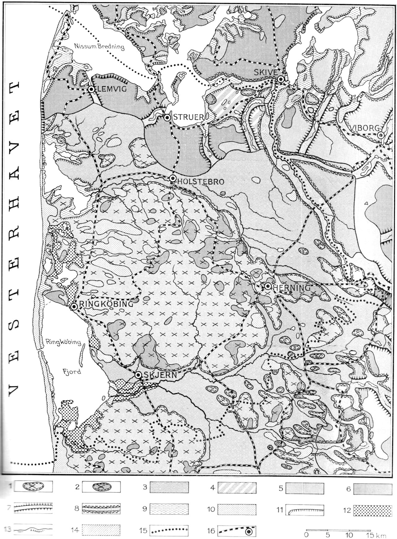 (Kort). 1. Bakkeø-landskab, overvejende sandbund. 2. Bakkeø-landskab, overvejende lerbund. 3. Hedeslette. 4. Hedeslette med dødisrelief. 5. Ungt morænelandskab, overvejende sandbund. 6. Ungt morænelandskab, overvejende lerbund. 7. Tunneldal. 8. Smeltevandsdal. 9. Marint forland. 10. Klitterræn og indsande. 11. Hævede kystlinier fra stenalderen. 12. Marsk. 13. Større klinter. 14. Inddæmmet areal. 15. Amtsgrænse. 16. Jernbanelinie og købstad.Efter Geodætisk Instituts skolevægkort 1:250.000 og Atlas over Danmark 1:750.000.Redaktion: Axel Schou.