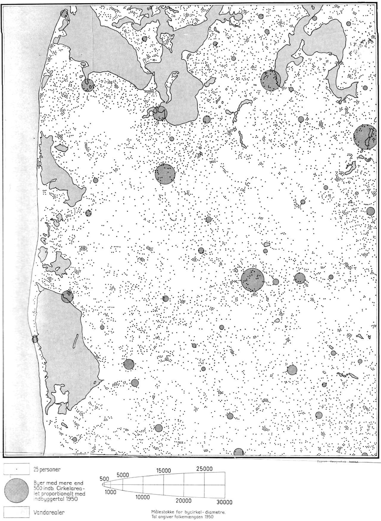 (Kort). Kortet viser befolkningens fordeling ved folketællingen 7. nov. 1950. Priksignaturen er så vidt muligt anbragt på de personers bosted, som prikkerne repræsenterer. Cirklerne repræsenterer folketallet i de geografiske byområder, som ikke altid falder sammen med byernes administrative el. statistiske grænser.Efter Geografisk Instituts befolkningsfordelingskort over Danmark 1: 100.000.Redaktion: Aage Aagesen.