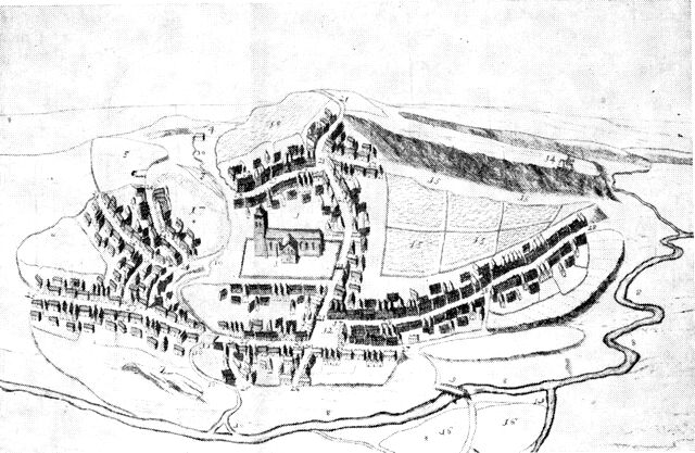 (tegning). Holstebro set fra syd ca. 1670. Efter Resen.