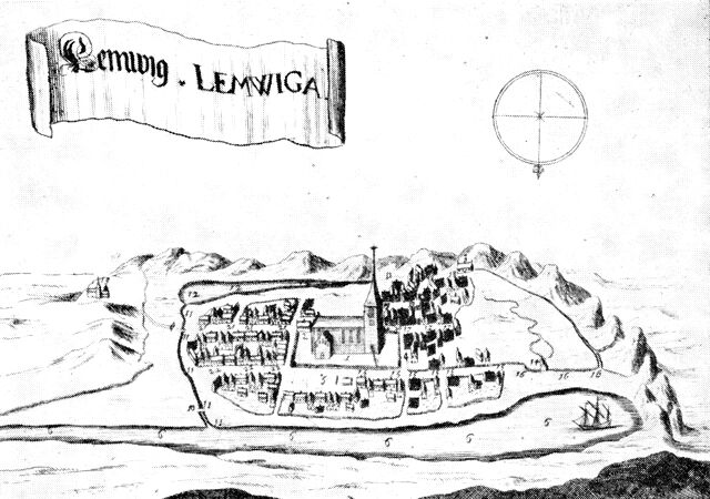 (tegning). Lemvig set fra nord ca. 1670. Efter Resen.