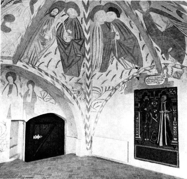 (Foto). Dionysius-kapellet i Ejsing kirkes søndre korsarm – med kalkmalerier og gravsten over Axel Rosenkrantz og hustru.