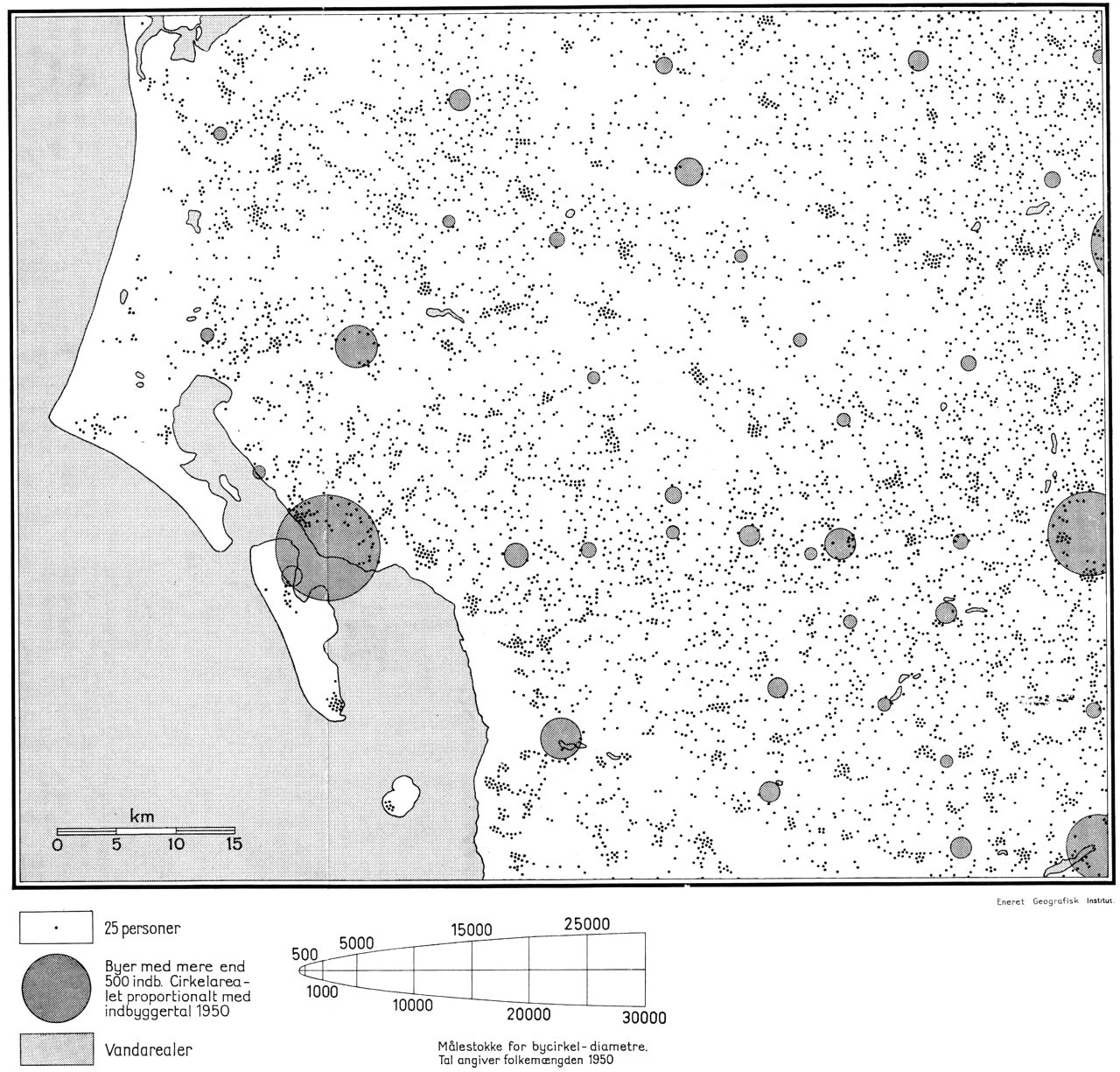 (Kort). Kortet viser befolkningens fordeling ved folketællingen 7. nov. 1950. Priksignaturen er så vidt muligt anbragt på de personers bosted, som prikkerne repræsenterer. Cirklerne repræsenterer folketallet i de geografiske byområder, som ikke altid falder sammen med byernes administrative el. statistiske grænser.Efter Geografisk Instituts befolkningsfordelingskort over Danmark 1: 100.000.Redaktion: Aage Aagesen.