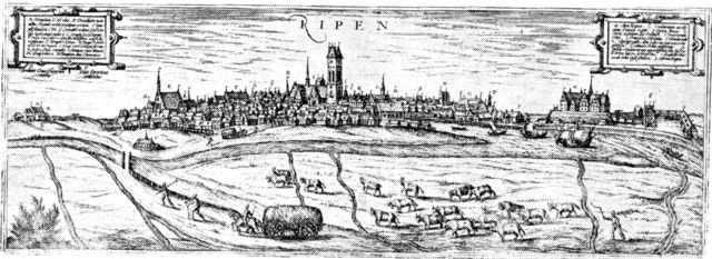 (tegning). Prospekt af Ribe set fra nord o. 1580. Efter Braunius: Theatrum urbium.