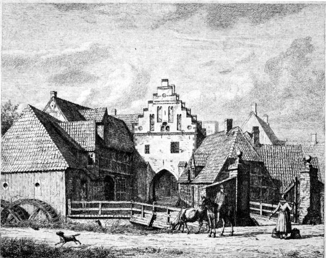 (tegning). Nørreport i Ribe (nedrevet 1843) med Ydermøllen til venstre i 1830rne. Radering af J. Roed.