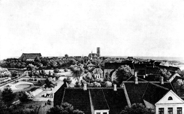 (Foto). Udsigt over huse og haver ved Skt. Nicolaj Gade mod sydvest ind over Ribe ca. 1870. Til venstre Skt. Katharinæ kirke, i midten domkirken, til højre skimtes slotsbanken. Lithografi.