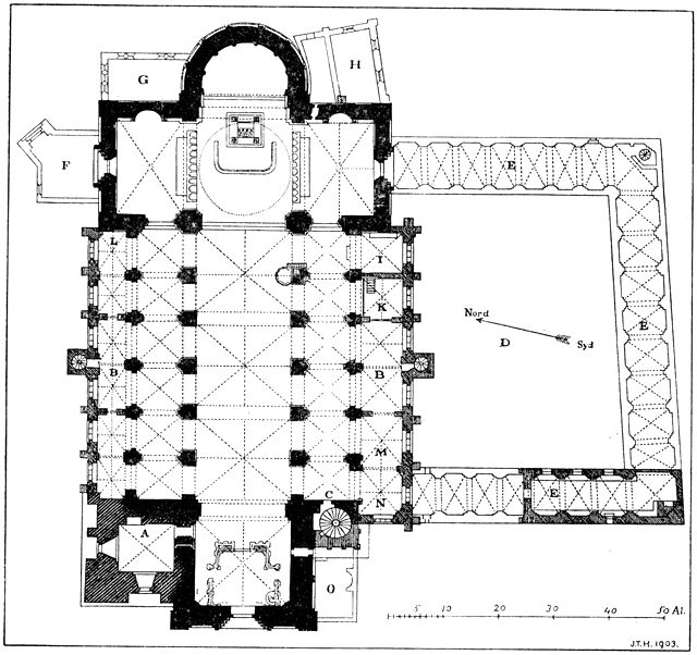 (tegning). Grundplan af Ribe domkirke, tegnet 1903 efter sidste restaurering. Uden for selve kirken er med tyndere streg indtegnet de nu forsvundne tilbygninger. A. Det store tårn (»Stormklokketårnet«). B. Ydre sideskibe. C. Mariatårnet. D. Lindegården. E. Omgangen (»ambitus«). F. Våbenhus. G. Kapitelhus. H. Skt. Barbaraskapel. I. Bethlehemskapel. K. Skt. Andreas kapel. L. Skt. Katharinæ kapel. M. Skt. Birgitta kapel. N. Vor Frue kapel. O. Skt. Nicolai kapel.