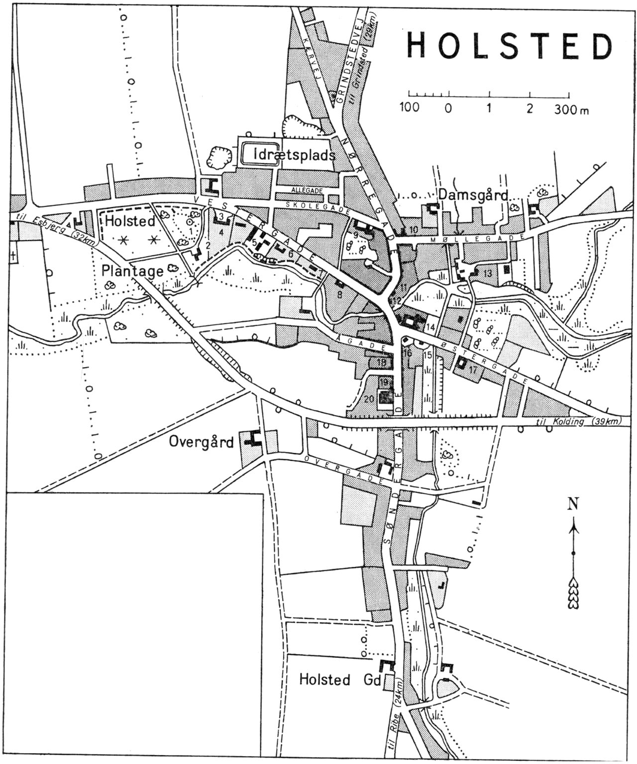 (Kort). 1 Mindesten (H. A. Krüger)2 Pavillon3 Alderdomshjem4 Kommunekontor5 Skole6 Præstegård7 Kirke8 Dommerkontor9 Holsted Ungdomsskole10 Højskolehjem11 Bibliotek12 Vejen Bank13 Holsted Mølle (Sydjysk Pladeindustri)14 Larsens Hotel15 Rutebilstation16 Posthus og telegrafstation17 Tinghus, Domhus og Politistation18 Holsted Sparekasse19 Holsted Apotek20 Holsted AndelsmejeriG.E.C. Gads ForlagRevideret 1963. Geodætisk Institut. Eneret