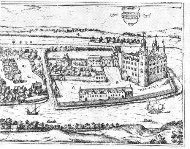 (tegning). Slottet Hansborg ca. 1580. Efter stik i Braunius.