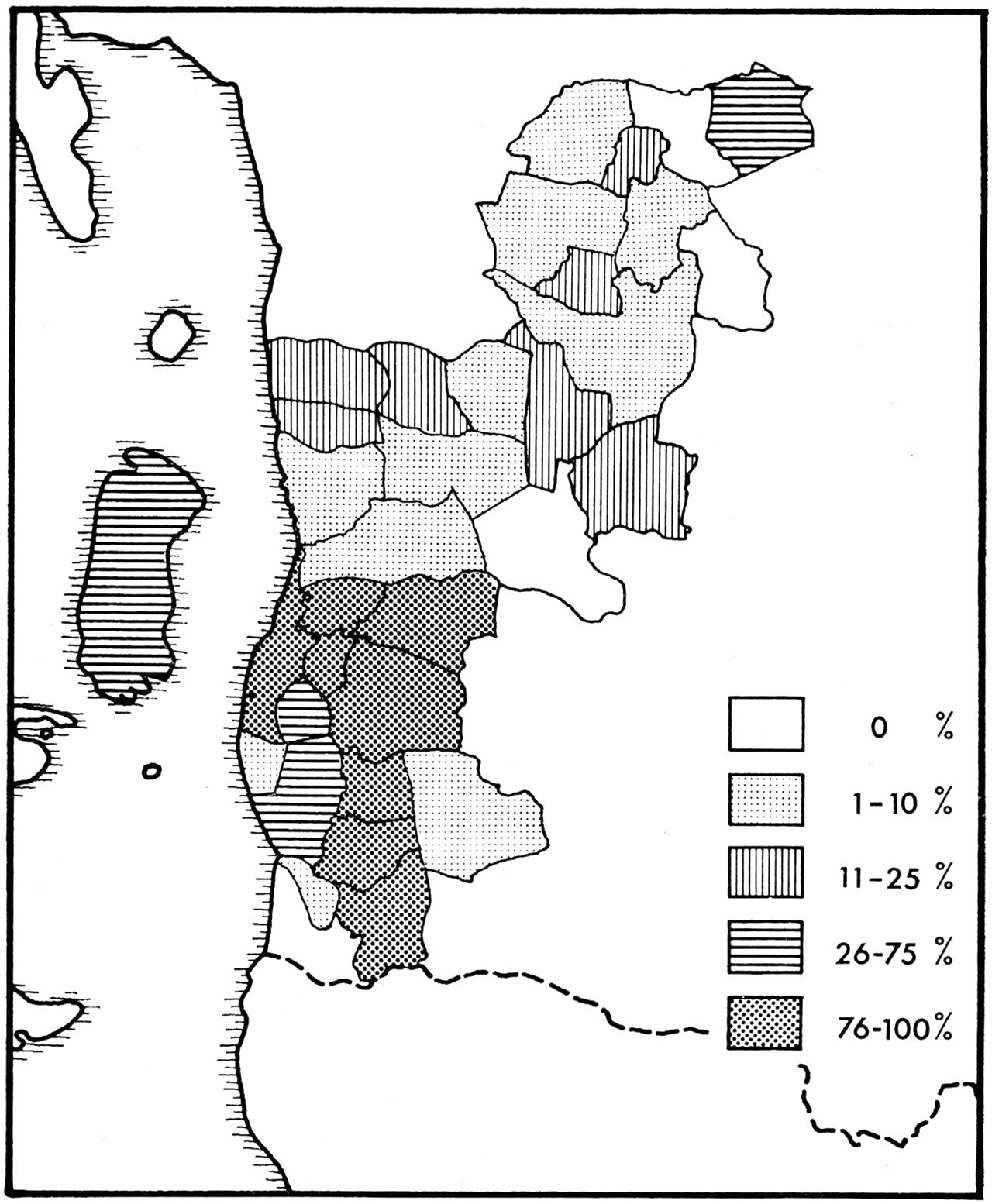 (Kort). Procentantallet af kongerigske indbyggere i de enkelte sogne i Tønder amt og Frøs-Kalvslund herreder.