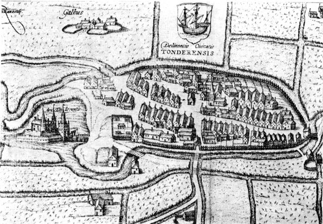 (tegning). Tønder by (med slottet Tønderhus til venstre) 1588. Efter Braunius.