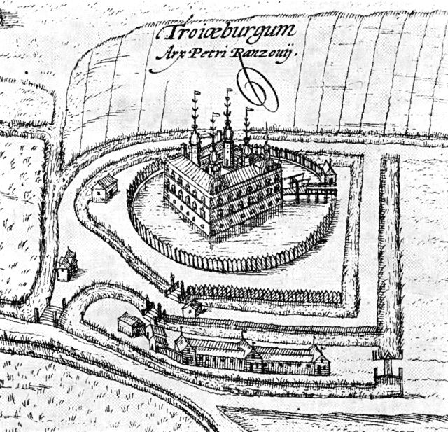 (tegning). Trøjborg slot set fra sydøst 1588. Udsnit af stik med prospekt af Tønder i Braunius’ Theatrum urbium.