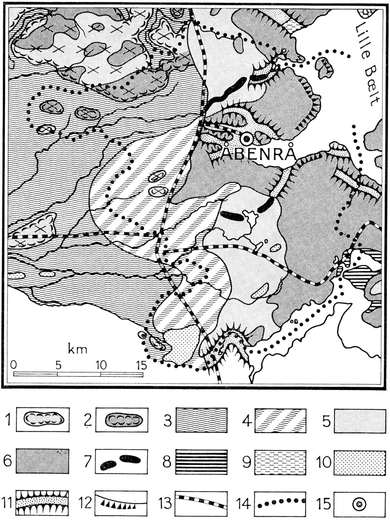 (Kort). 1. Bakkeø, overvejende sandbund. 2. Bakkeø, overvejende lerbund. 3. Hedeslette. 4. Hedeslette med dødis-relief. 5. Ungt morænelandskab, overvejende sandbund. 6. Ungt morænelandskab, overvejende lerbund. 7. Ås. 8. Issøler. 9. Marint forland. 10. Klitlandskab, indsande. 11. Tunneldal. 12. Større klinter. 13. Jernbanelinie. 14. Amtsgrænse. 15. Købstad.