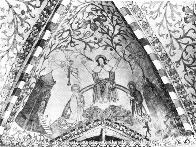 (Foto). Holbøl kirke. Kalkmaleri i korets østkappe.