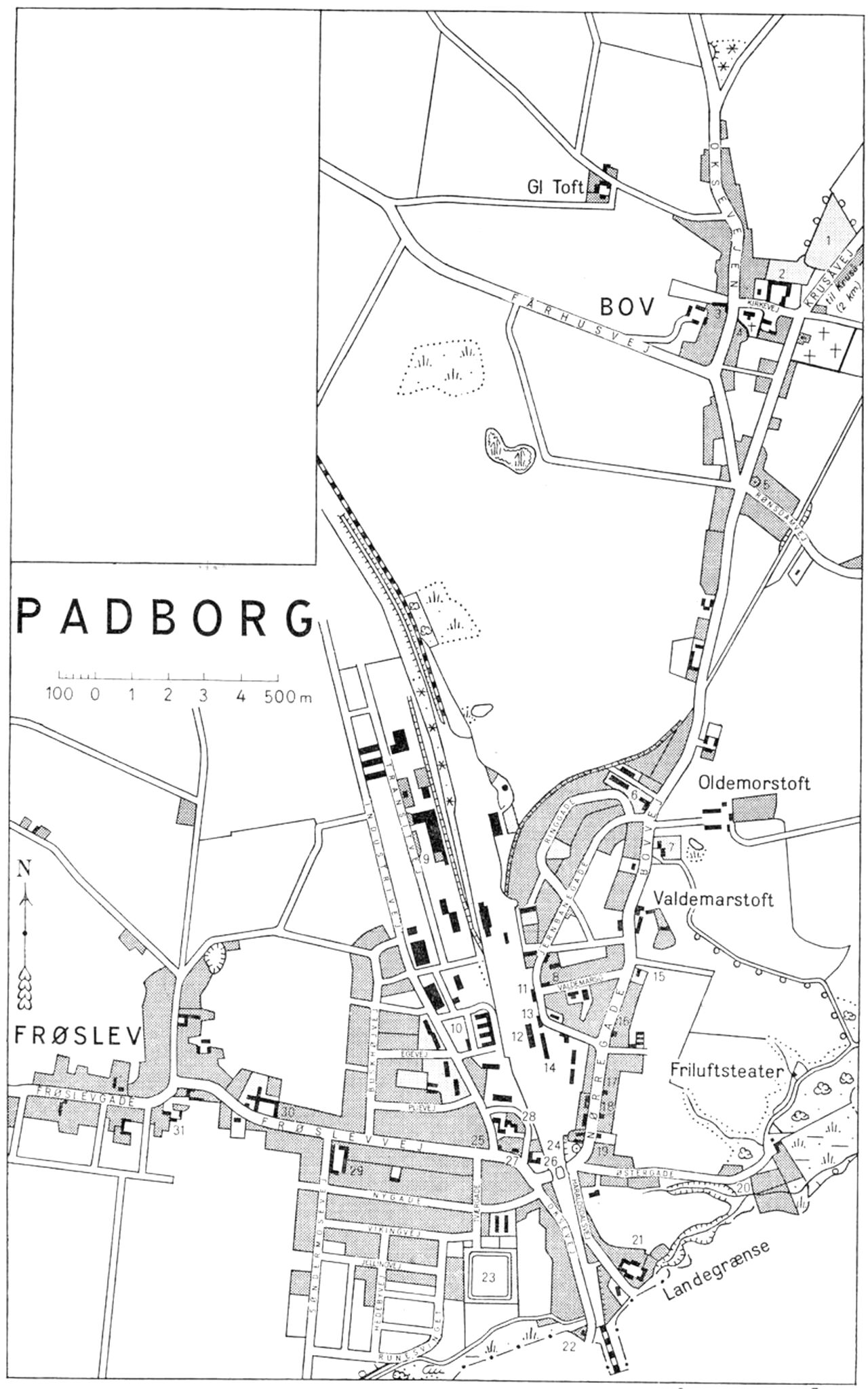 (Kort). 1. Idrætsplads2. Kommuneskole3. Bov Kro4. Bov Kirke5. Mindesten (Slaget ved Bov 1848)6. Kommunekontor7. Bibliotek8. Politistation9. Toldekspedition Vest10. Oxexport. Samlestalde11. Posthus12. Banegård13. Toldkammer14. Toldgods Banegård15. Tysk Privatskole16. Handelsbanken17. Nordslesvigsk Bank18. Menighedshus19. Hotel Axelhus20. Campingplads21. Toldgården22. Toldkontrol23. Idrætspark24. Mindesten (9. April)25. Padborg Sparekasse26. Hotel Padborghus27. Gråsten Bank28. Padborg Mølle A/S29. Padborg Fjerkræslagteri30. Kommuneskole31. Frøslev KroG. E. C. Gads Forlag Revideret 1964. Geodætisk Institut. Eneret