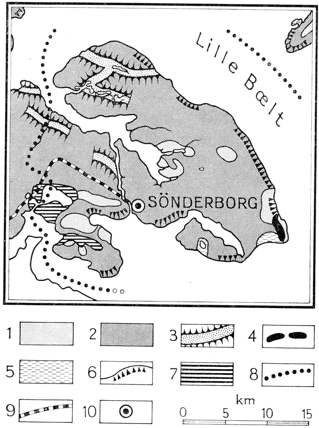 (Kort). 1. Ungt morænelandskab, overvejende sandbund. 2. Samme, overvejende lerbund. 3. Tunneldal. 4. Ås. 5. Marint forland. 6. Større klinter. 7. Issøler. 8. Amtsgrænse. 9. Jernbanelinie. 10. Købstad.Efter Geodætisk Instituts skolevægkort 1:250.000 og Atlas over Danmark 1:750.000.Redaktion: Axel Schou.