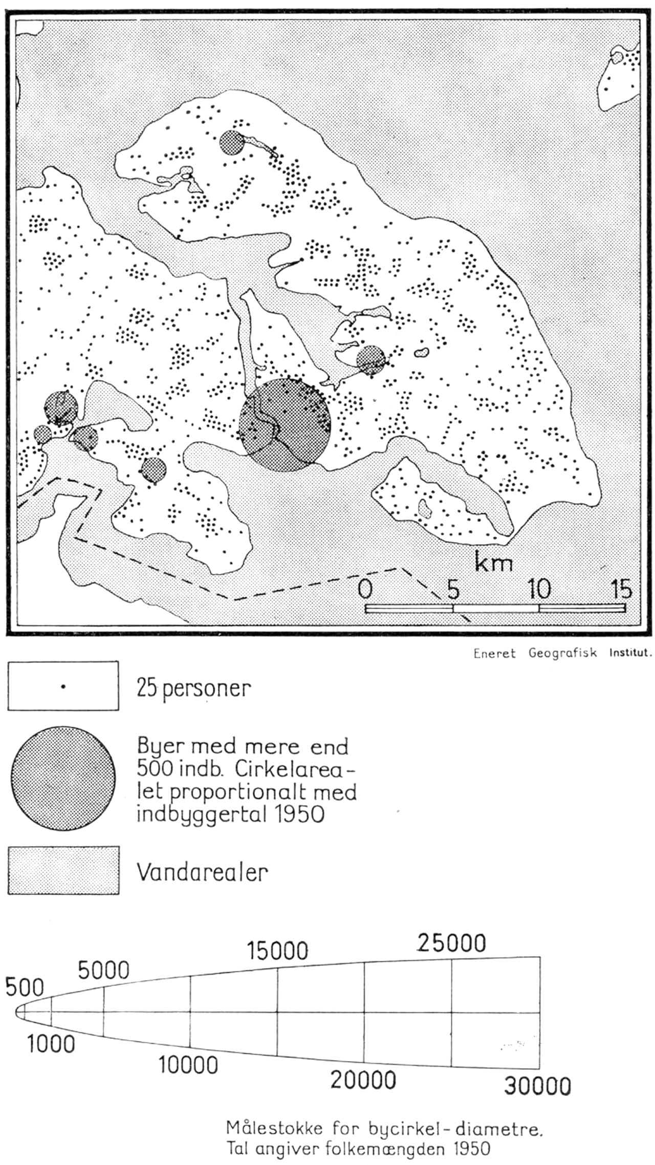 (Kort). Kortet viser befolkningens fordeling ved folketællingen 7. nov. 1950. Priksignaturen er så vidt muligt anbragt på de personers bopæl, som prikkerne repræsenterer. Prikkerne repræsenterer folketallet i de geografiske byområder, der ikke altid falder sa. m. byernes administrative el. statistiske grænser.Efter Geodætisk Instituts befolkningskort over Danmark 1:100.000.Redaktion: Aage Aagesen