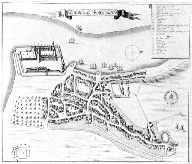 (tegning). Prospekt af Sønderborg slot og by ca. 1670. Efter Resens Atlas.