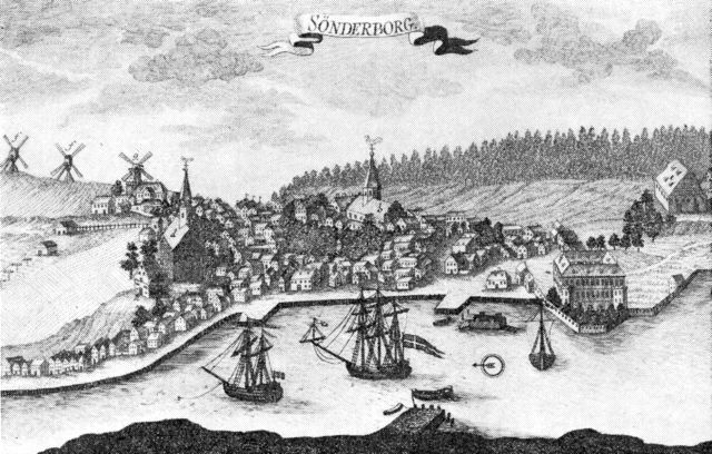 (tegning). Prospekt af Sønderborg købstad ca. 1770. Efter Danske Atlas.