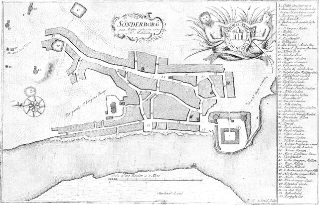 (tegning). Grundplan af Sønderborg købstad ca. 1770. Efter Danske Atlas.